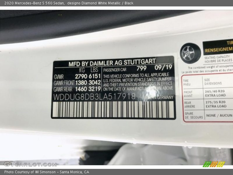 2020 S 560 Sedan designo Diamond White Metallic Color Code 799