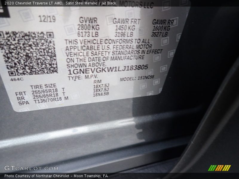 Satin Steel Metallic / Jet Black 2020 Chevrolet Traverse LT AWD