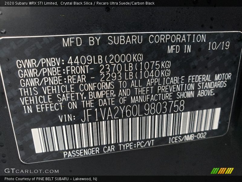 Crystal Black Silica / Recaro Ultra Suede/Carbon Black 2020 Subaru WRX STI Limited
