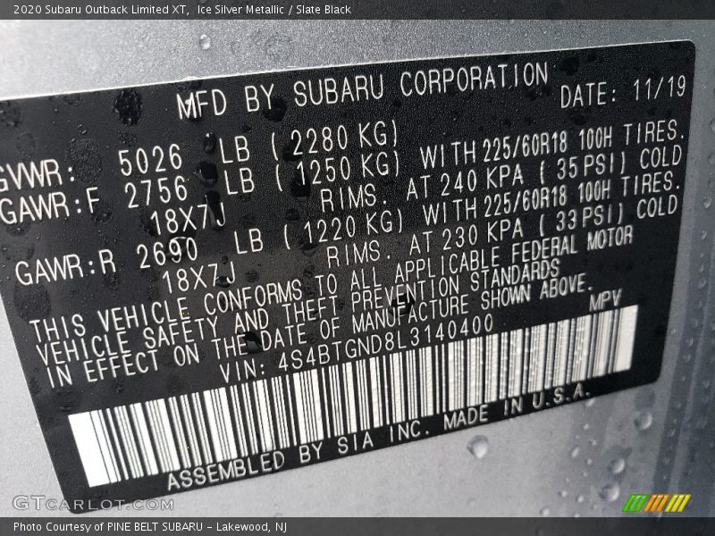 Ice Silver Metallic / Slate Black 2020 Subaru Outback Limited XT