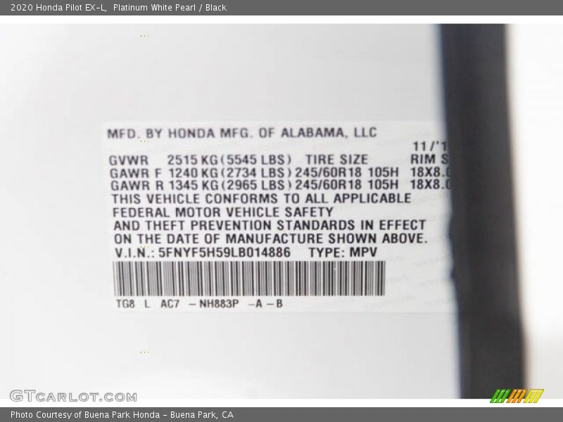Platinum White Pearl / Black 2020 Honda Pilot EX-L