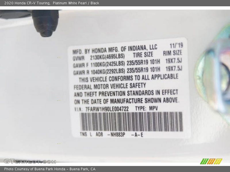 Platinum White Pearl / Black 2020 Honda CR-V Touring