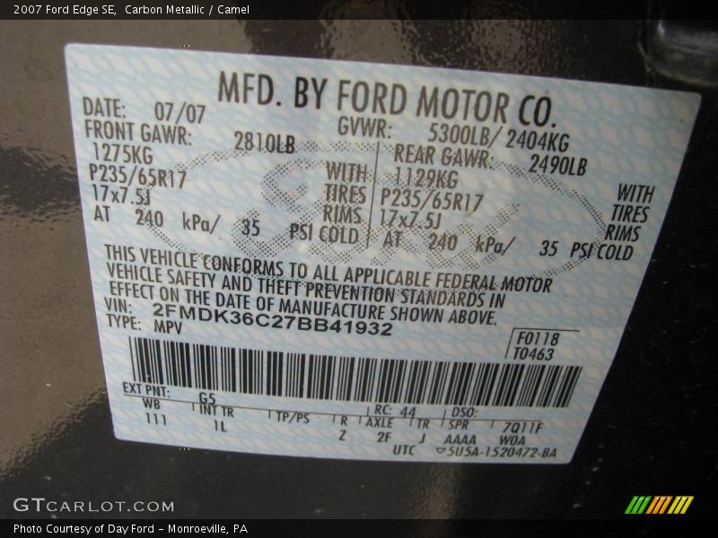 Carbon Metallic / Camel 2007 Ford Edge SE