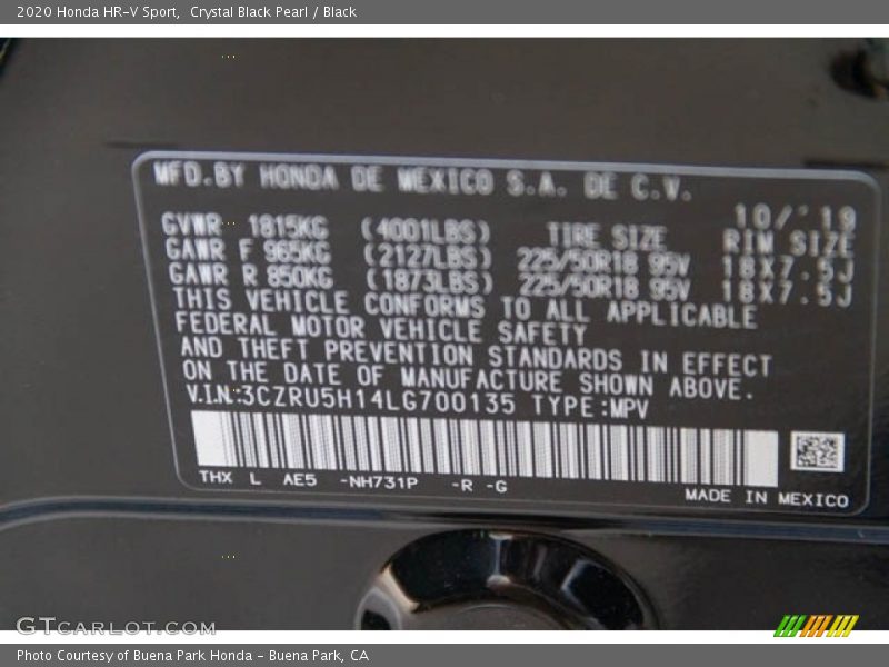 Crystal Black Pearl / Black 2020 Honda HR-V Sport