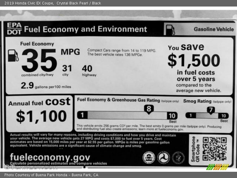 Crystal Black Pearl / Black 2019 Honda Civic EX Coupe