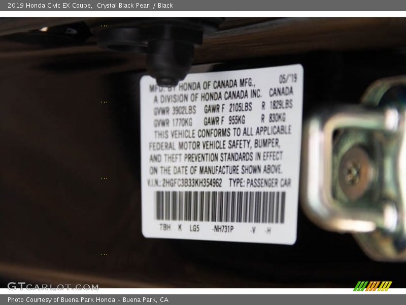 Crystal Black Pearl / Black 2019 Honda Civic EX Coupe