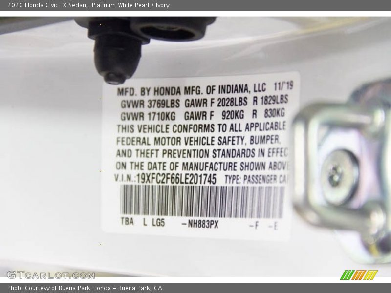 Platinum White Pearl / Ivory 2020 Honda Civic LX Sedan