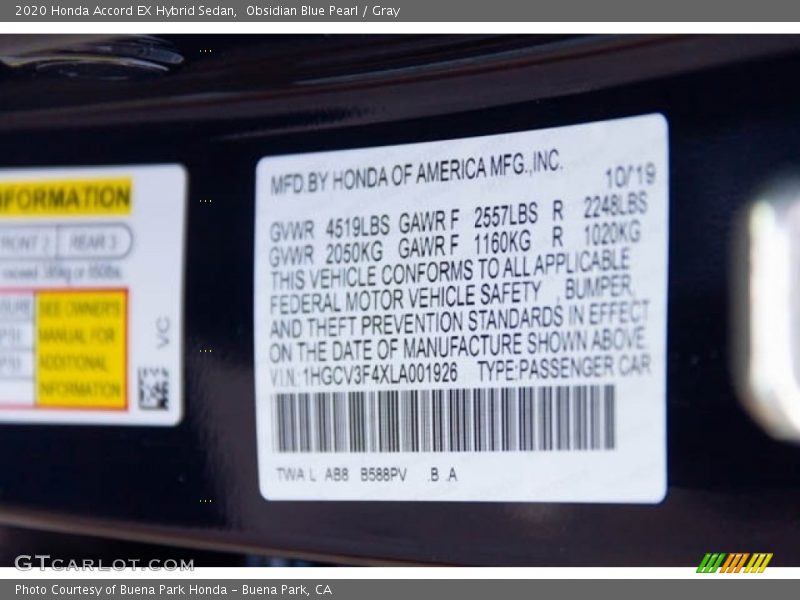 Obsidian Blue Pearl / Gray 2020 Honda Accord EX Hybrid Sedan
