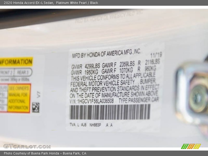 Platinum White Pearl / Black 2020 Honda Accord EX-L Sedan