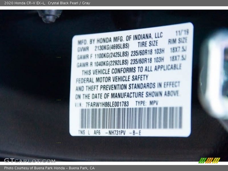2020 CR-V EX-L Crystal Black Pearl Color Code NH731PV