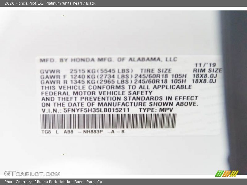 Platinum White Pearl / Black 2020 Honda Pilot EX