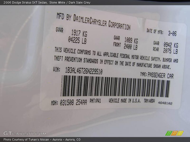 2006 Stratus SXT Sedan Stone White Color Code PW1