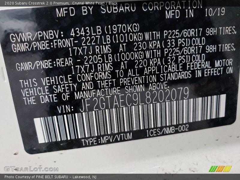 Crystal White Pearl / Black 2020 Subaru Crosstrek 2.0 Premium