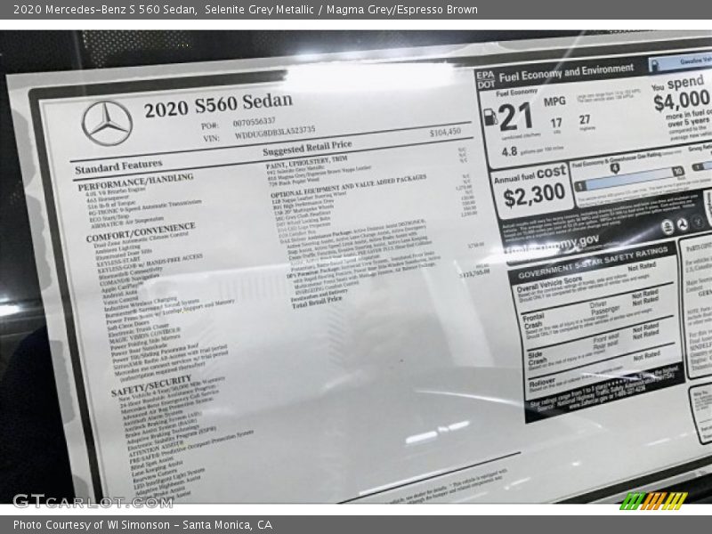  2020 S 560 Sedan Window Sticker