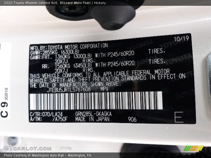 2020 4Runner Limited 4x4 Blizzard White Pearl Color Code 070