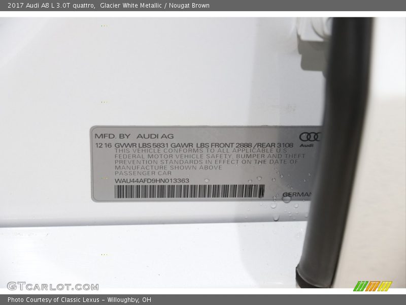 Glacier White Metallic / Nougat Brown 2017 Audi A8 L 3.0T quattro