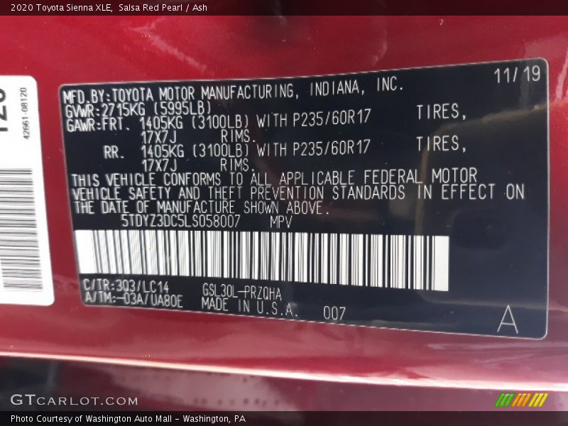 Salsa Red Pearl / Ash 2020 Toyota Sienna XLE