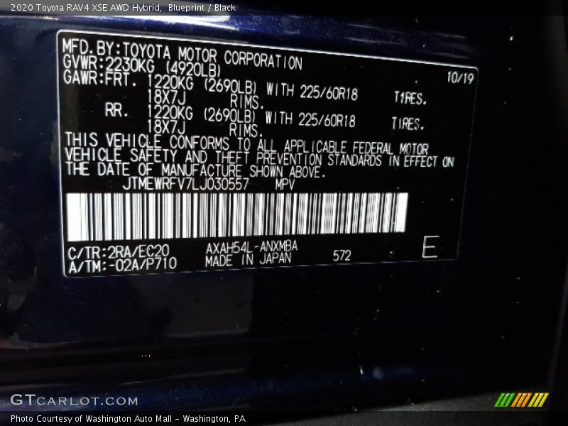 2020 RAV4 XSE AWD Hybrid Blueprint Color Code 2RA