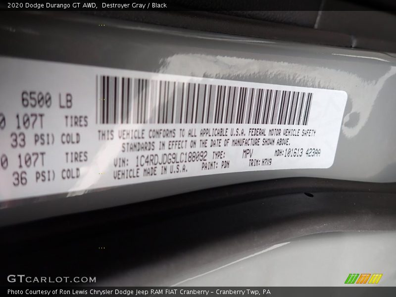 Destroyer Gray / Black 2020 Dodge Durango GT AWD