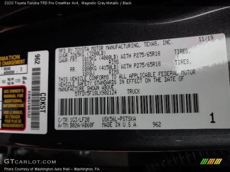 2020 Tundra TRD Pro CrewMax 4x4 Magnetic Gray Metallic Color Code 1G3