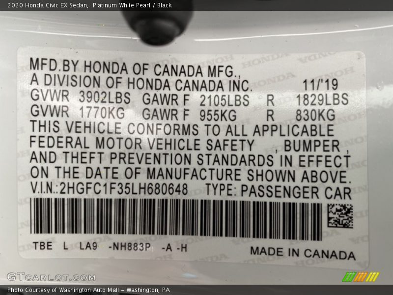 Platinum White Pearl / Black 2020 Honda Civic EX Sedan
