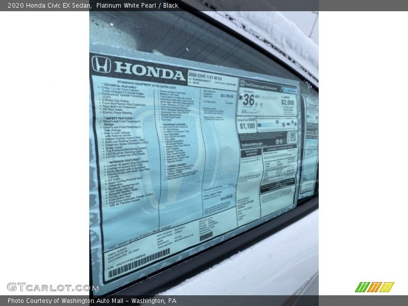 Platinum White Pearl / Black 2020 Honda Civic EX Sedan
