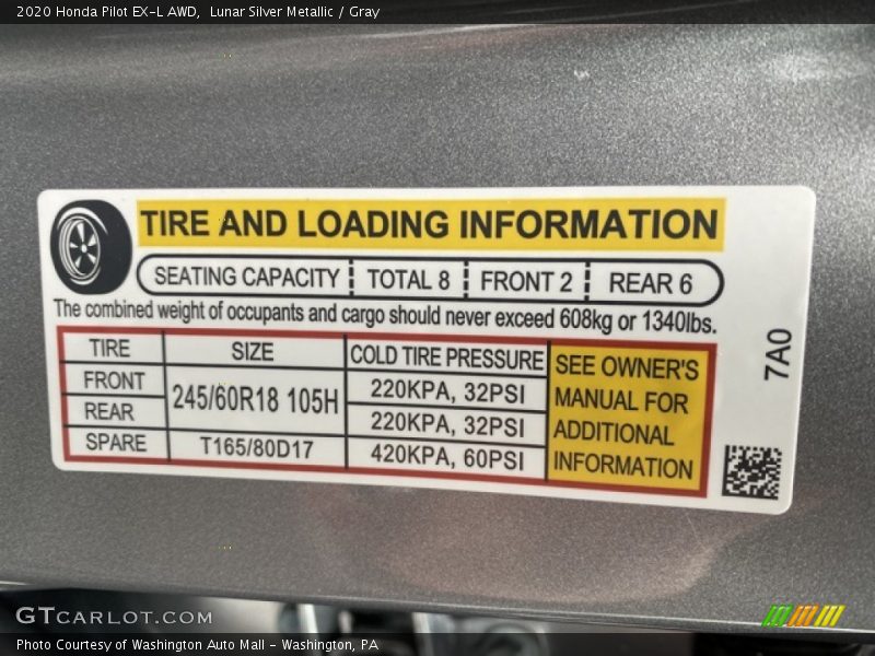 Lunar Silver Metallic / Gray 2020 Honda Pilot EX-L AWD