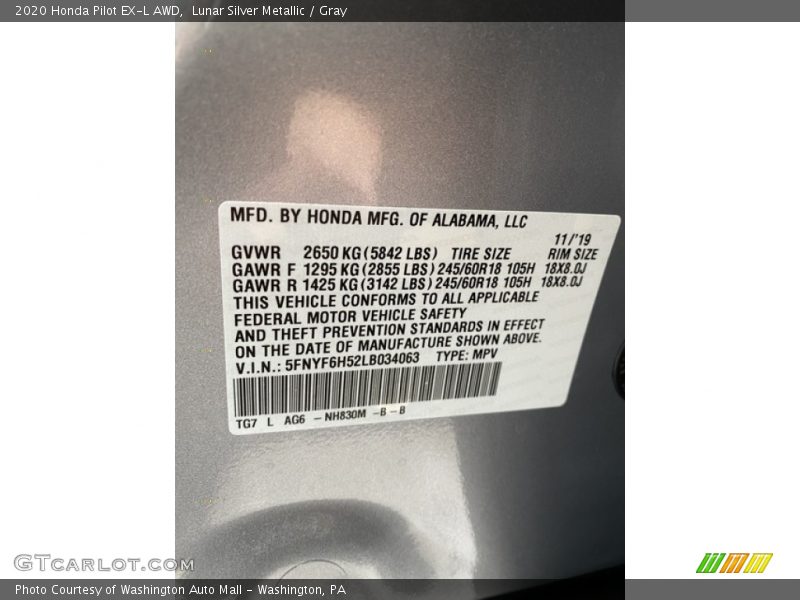 Lunar Silver Metallic / Gray 2020 Honda Pilot EX-L AWD