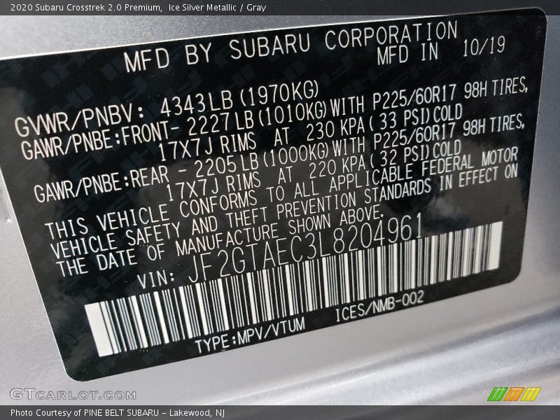 Ice Silver Metallic / Gray 2020 Subaru Crosstrek 2.0 Premium