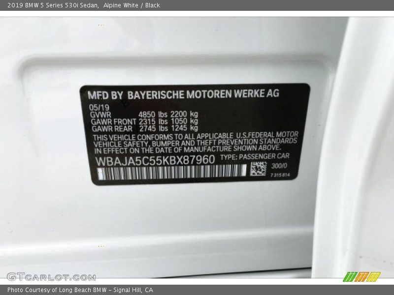 Alpine White / Black 2019 BMW 5 Series 530i Sedan