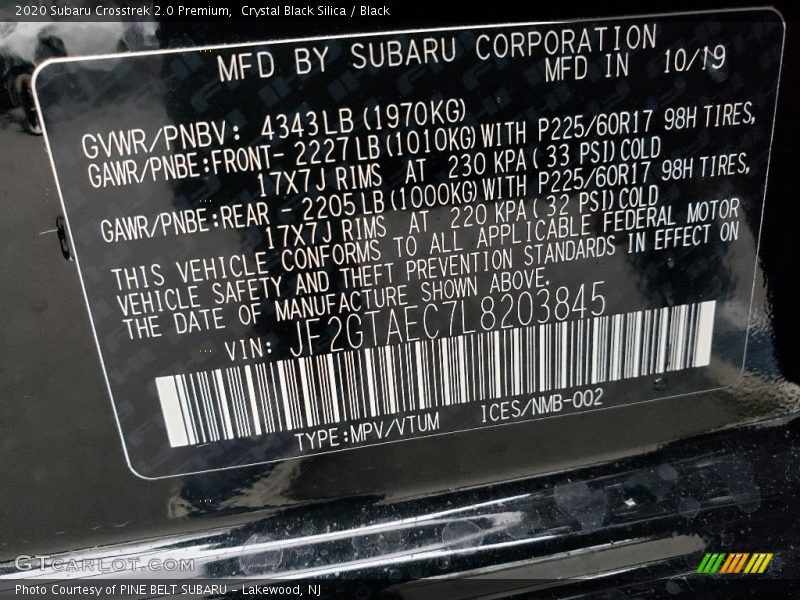 Crystal Black Silica / Black 2020 Subaru Crosstrek 2.0 Premium