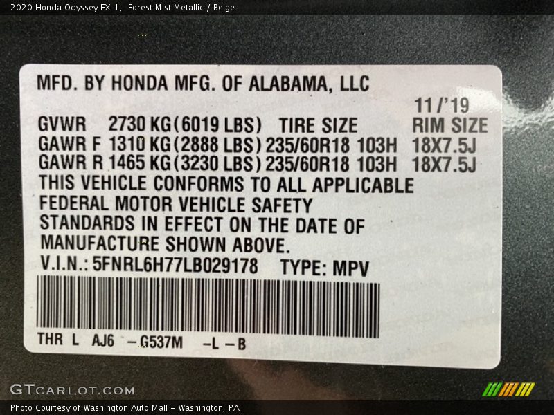 2020 Odyssey EX-L Forest Mist Metallic Color Code G537M