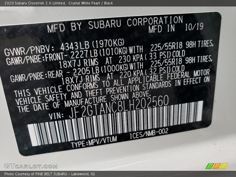 Crystal White Pearl / Black 2020 Subaru Crosstrek 2.0 Limited
