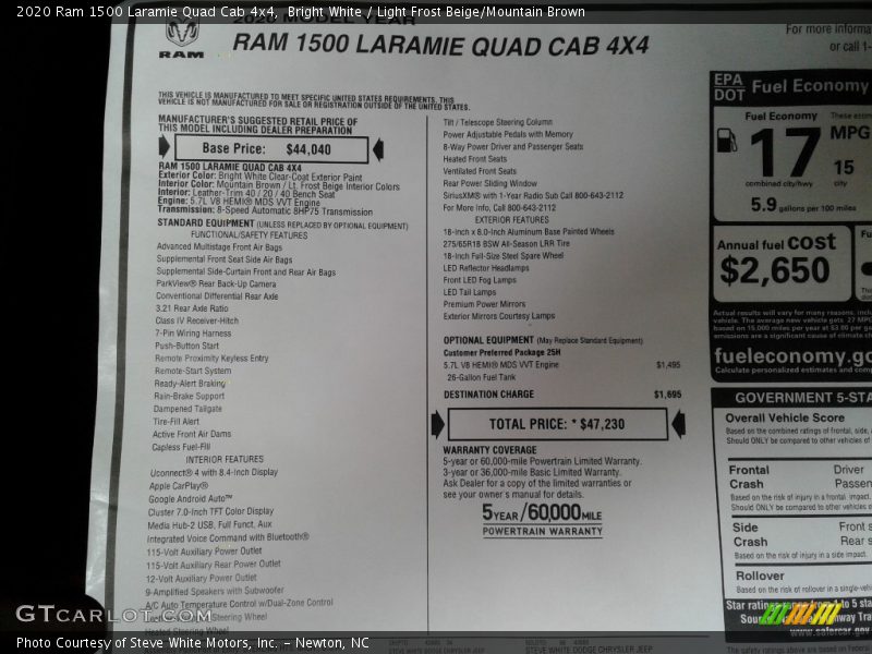 Bright White / Light Frost Beige/Mountain Brown 2020 Ram 1500 Laramie Quad Cab 4x4