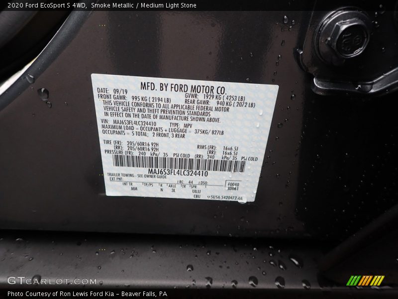 Smoke Metallic / Medium Light Stone 2020 Ford EcoSport S 4WD