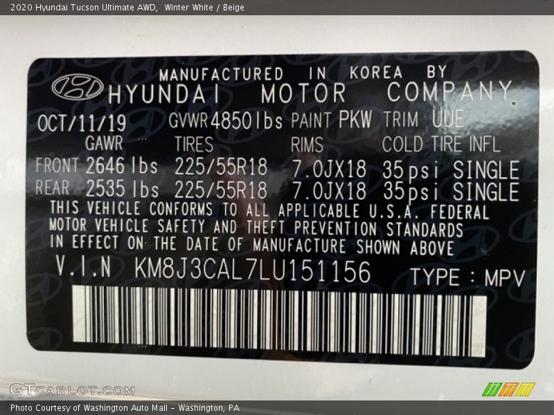 Winter White / Beige 2020 Hyundai Tucson Ultimate AWD