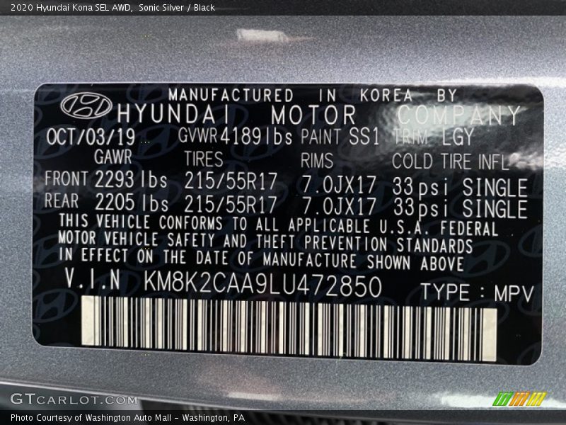 Sonic Silver / Black 2020 Hyundai Kona SEL AWD