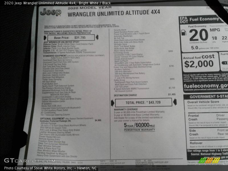 Bright White / Black 2020 Jeep Wrangler Unlimited Altitude 4x4