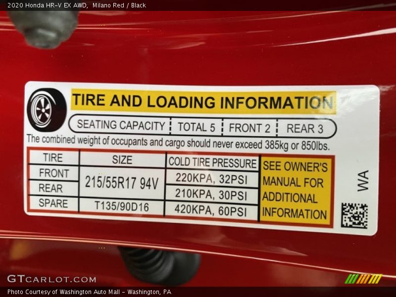 Info Tag of 2020 HR-V EX AWD