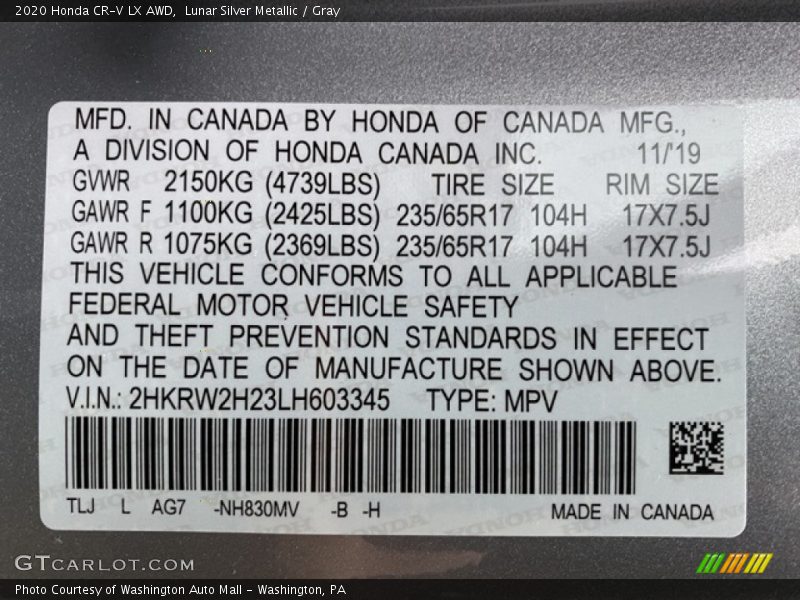 Lunar Silver Metallic / Gray 2020 Honda CR-V LX AWD