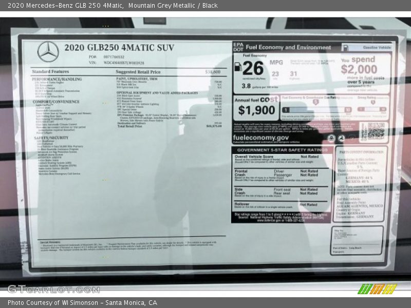  2020 GLB 250 4Matic Window Sticker