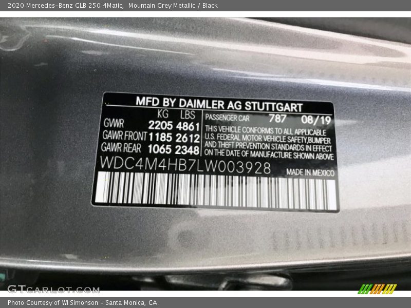 2020 GLB 250 4Matic Mountain Grey Metallic Color Code 787