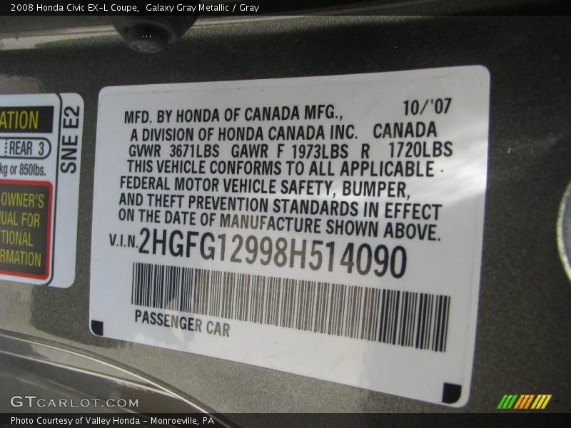 Galaxy Gray Metallic / Gray 2008 Honda Civic EX-L Coupe