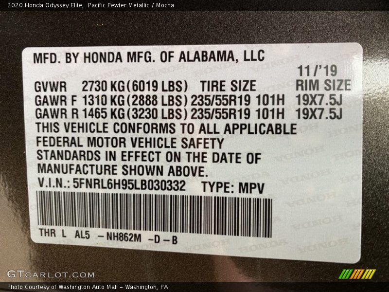 2020 Odyssey Elite Pacific Pewter Metallic Color Code NH862M