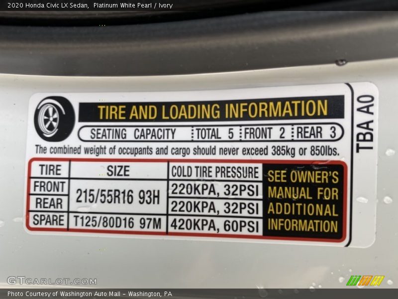 Platinum White Pearl / Ivory 2020 Honda Civic LX Sedan