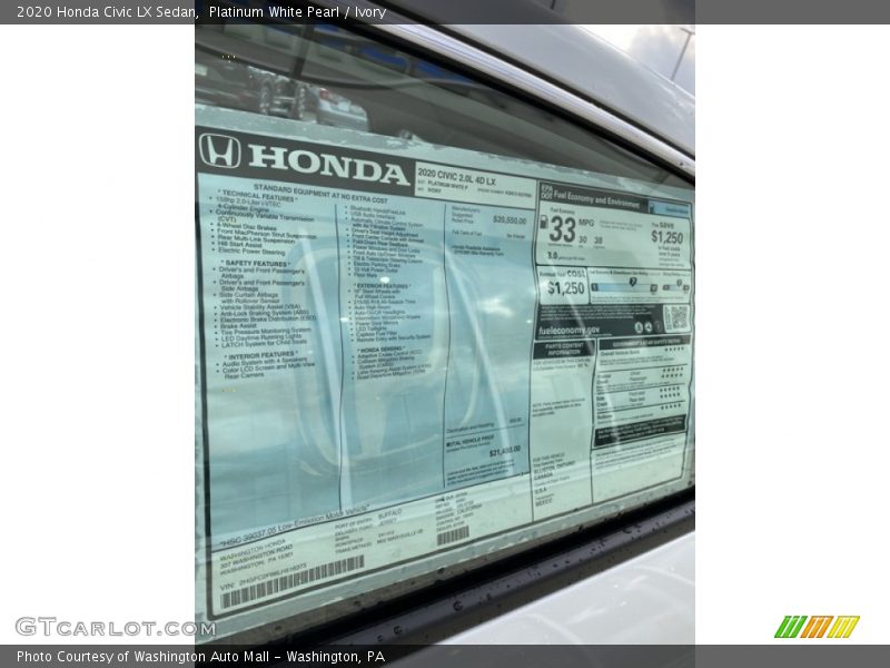 Platinum White Pearl / Ivory 2020 Honda Civic LX Sedan