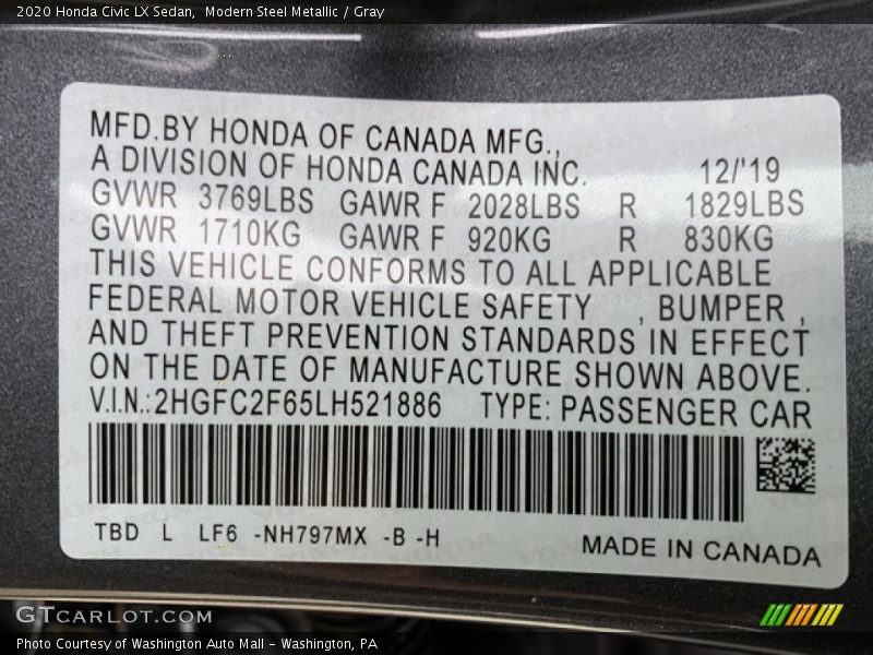 Modern Steel Metallic / Gray 2020 Honda Civic LX Sedan