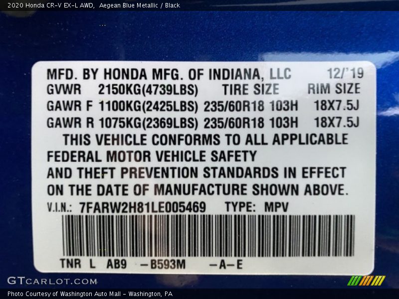 Aegean Blue Metallic / Black 2020 Honda CR-V EX-L AWD