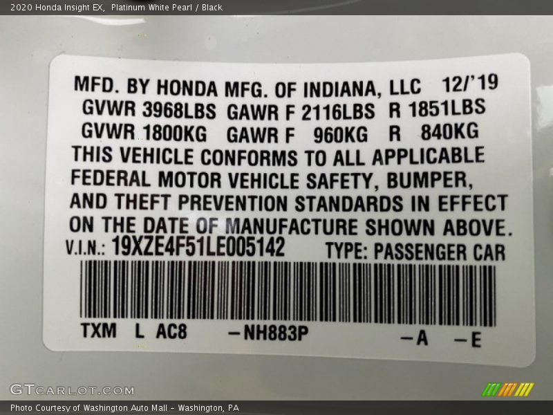 Platinum White Pearl / Black 2020 Honda Insight EX