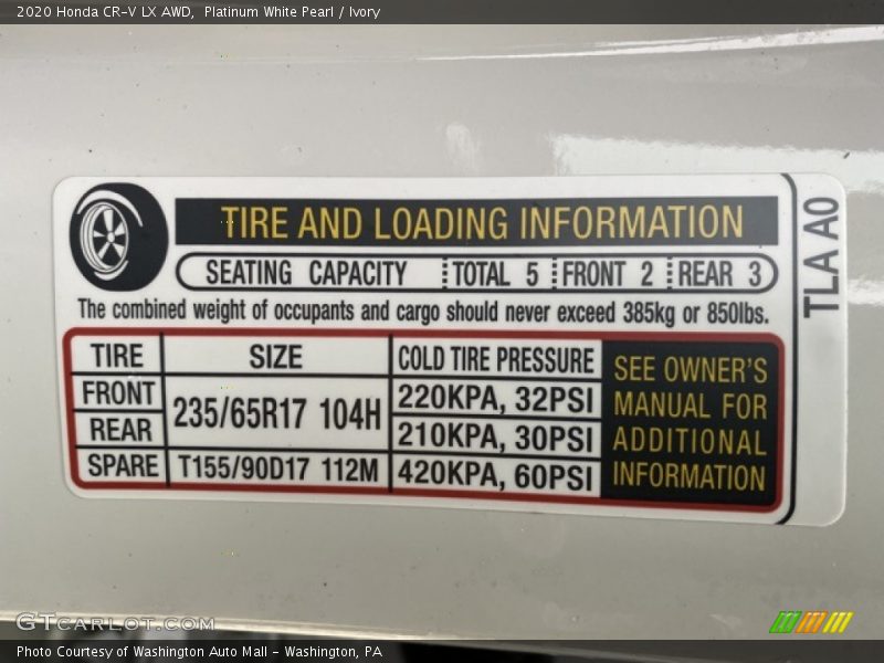 Info Tag of 2020 CR-V LX AWD